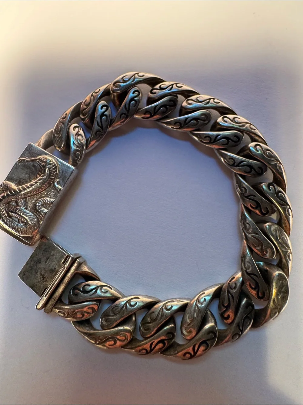 Men's Silver-Tone Serpent Link Bracelet - Sculpted Chain Design